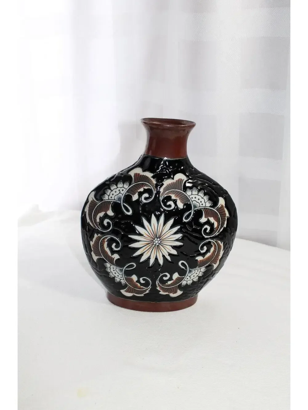 Enameled Moriage Black and Brown Art Vase
